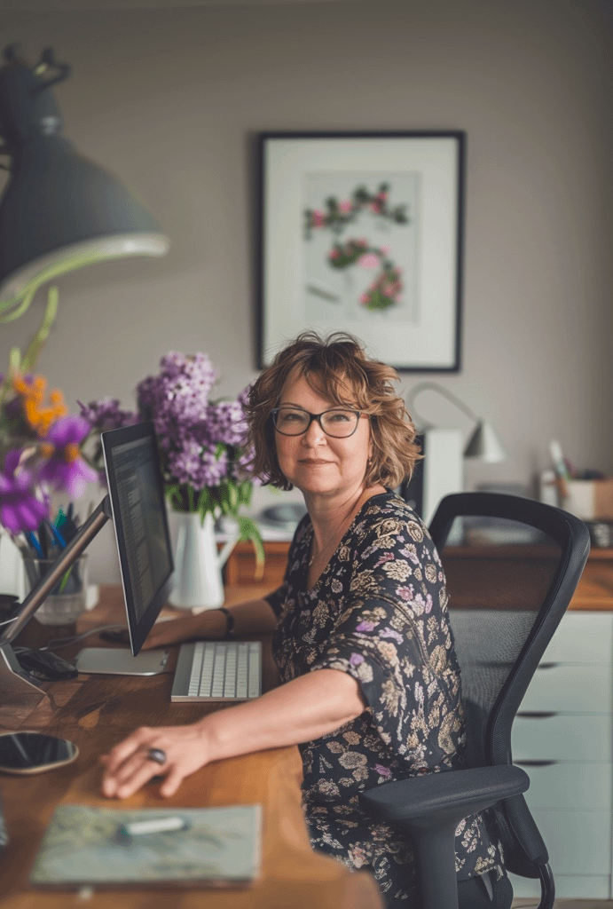 Pam Ivey at desk designing a website